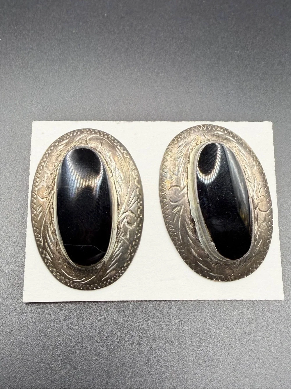 Vintage Sterling Silver 925 PAJ Black Onyx Carving Stud Earrings Jewelry